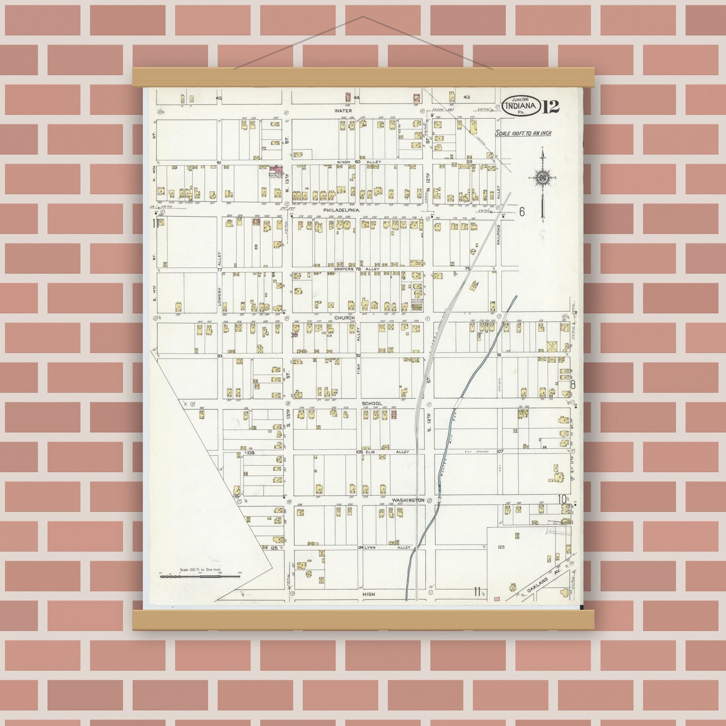 Old map wall art mockup — magnetic wood frame on brick wall — Sanborn Fire Insurance Map from Indiana, Indiana County, Pennsylvania (1916), Sheet #0012
