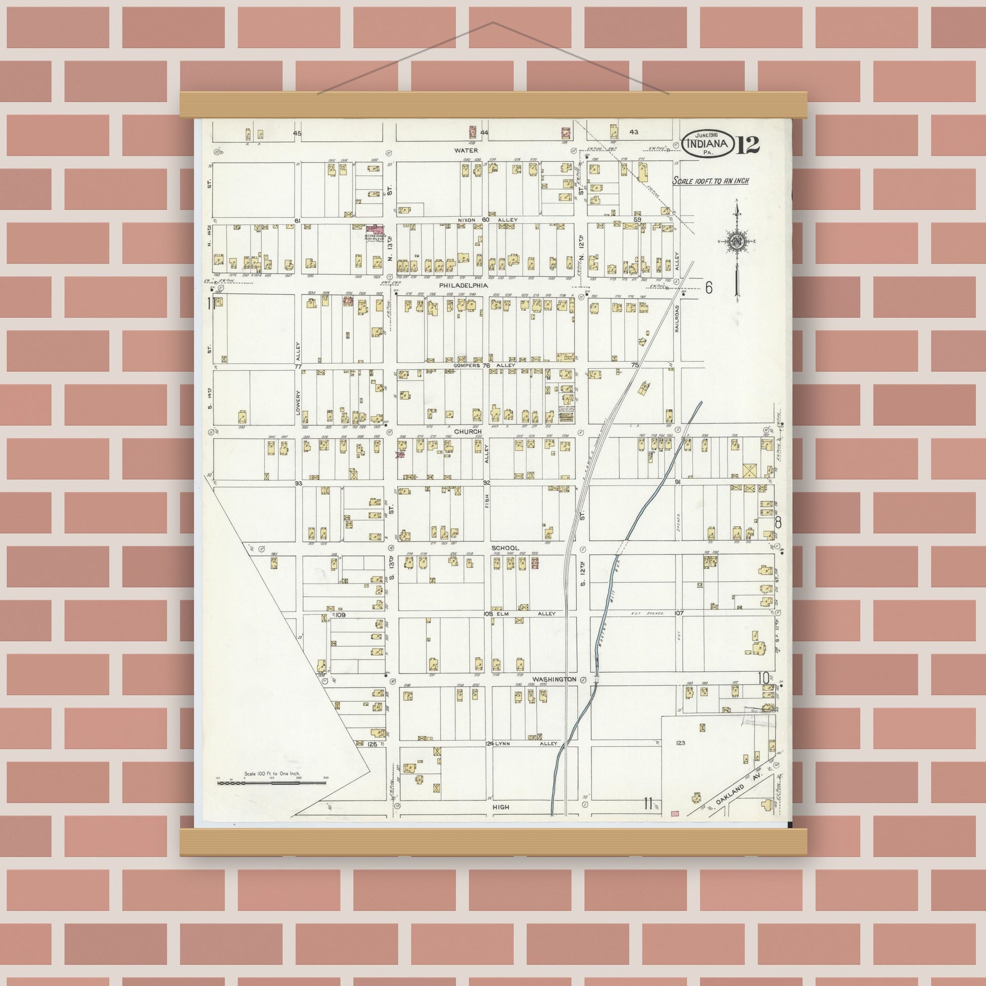 Old map wall art mockup — magnetic wood frame on brick wall — Sanborn Fire Insurance Map from Indiana, Indiana County, Pennsylvania (1916), Sheet #0012