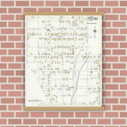 Old map wall art mockup — magnetic wood frame on brick wall — Sanborn Fire Insurance Map from Indiana, Indiana County, Pennsylvania (1916), Sheet #0012