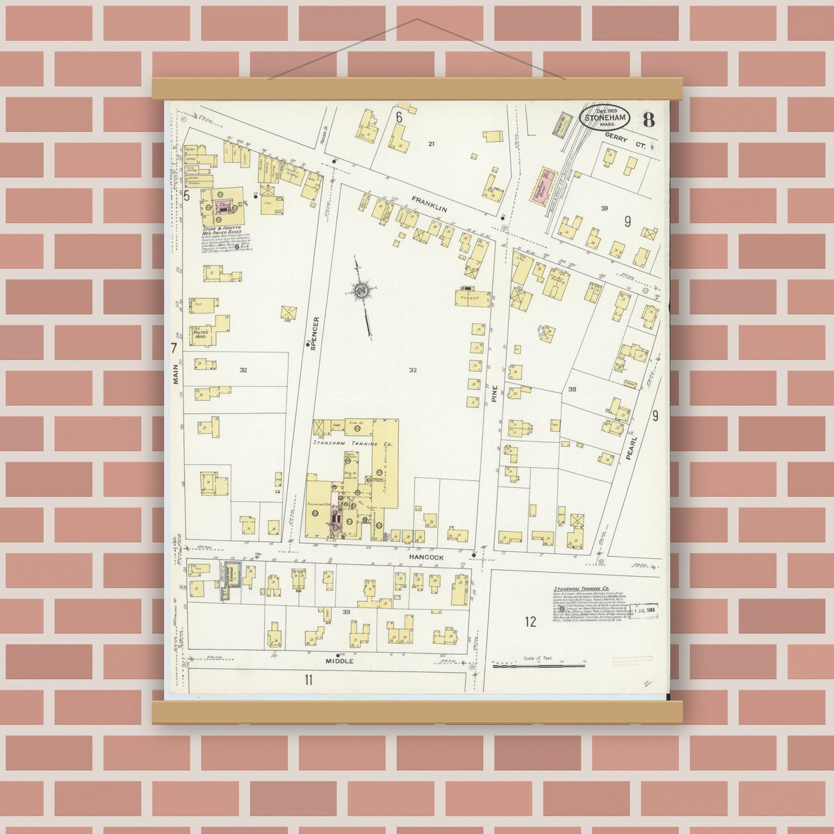 Old map wall art mockup — magnetic wood frame on brick wall — Sanborn Fire Insurance Map from Stoneham, Middlesex County, Massachusetts (1909), Sheet #0008