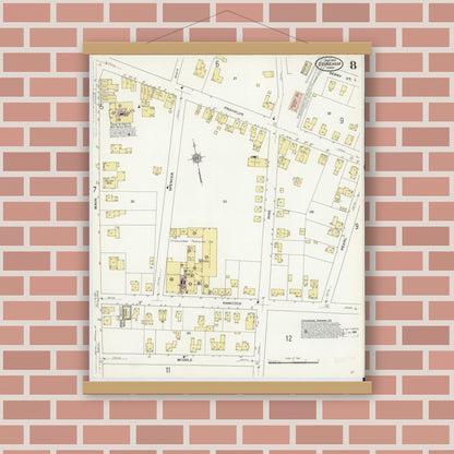Old map wall art mockup — magnetic wood frame on brick wall — Sanborn Fire Insurance Map from Stoneham, Middlesex County, Massachusetts (1909), Sheet #0008