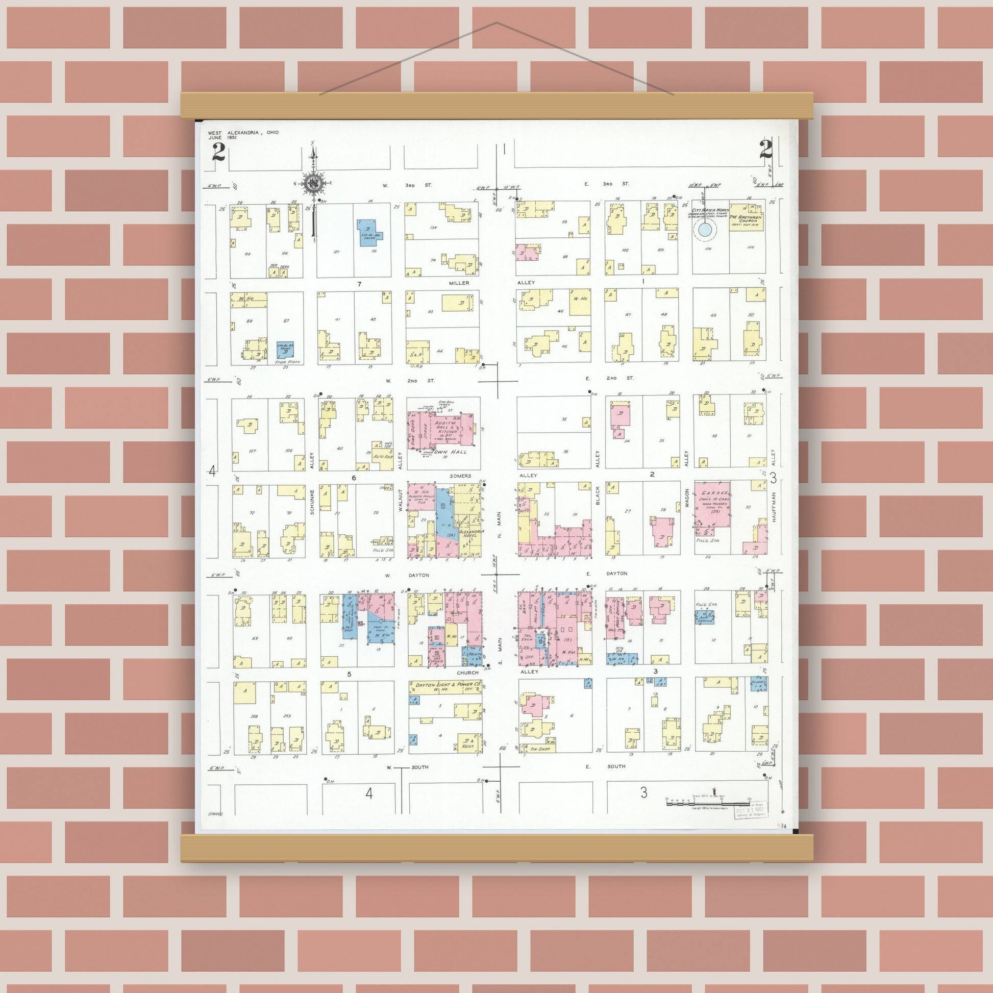 Old map wall art mockup — magnetic wood frame on brick wall — Sanborn Fire Insurance Map from West Alexandria, Preble County, Ohio (1951), Sheet #0002