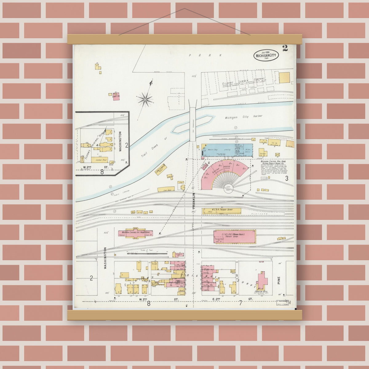 Old map wall art mockup — magnetic wood frame on brick wall — Sanborn Fire Insurance Map from Michigan City, La Porte County, Indiana (1899), Sheet #0002