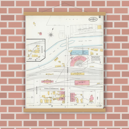 Old map wall art mockup — magnetic wood frame on brick wall — Sanborn Fire Insurance Map from Michigan City, La Porte County, Indiana (1899), Sheet #0002