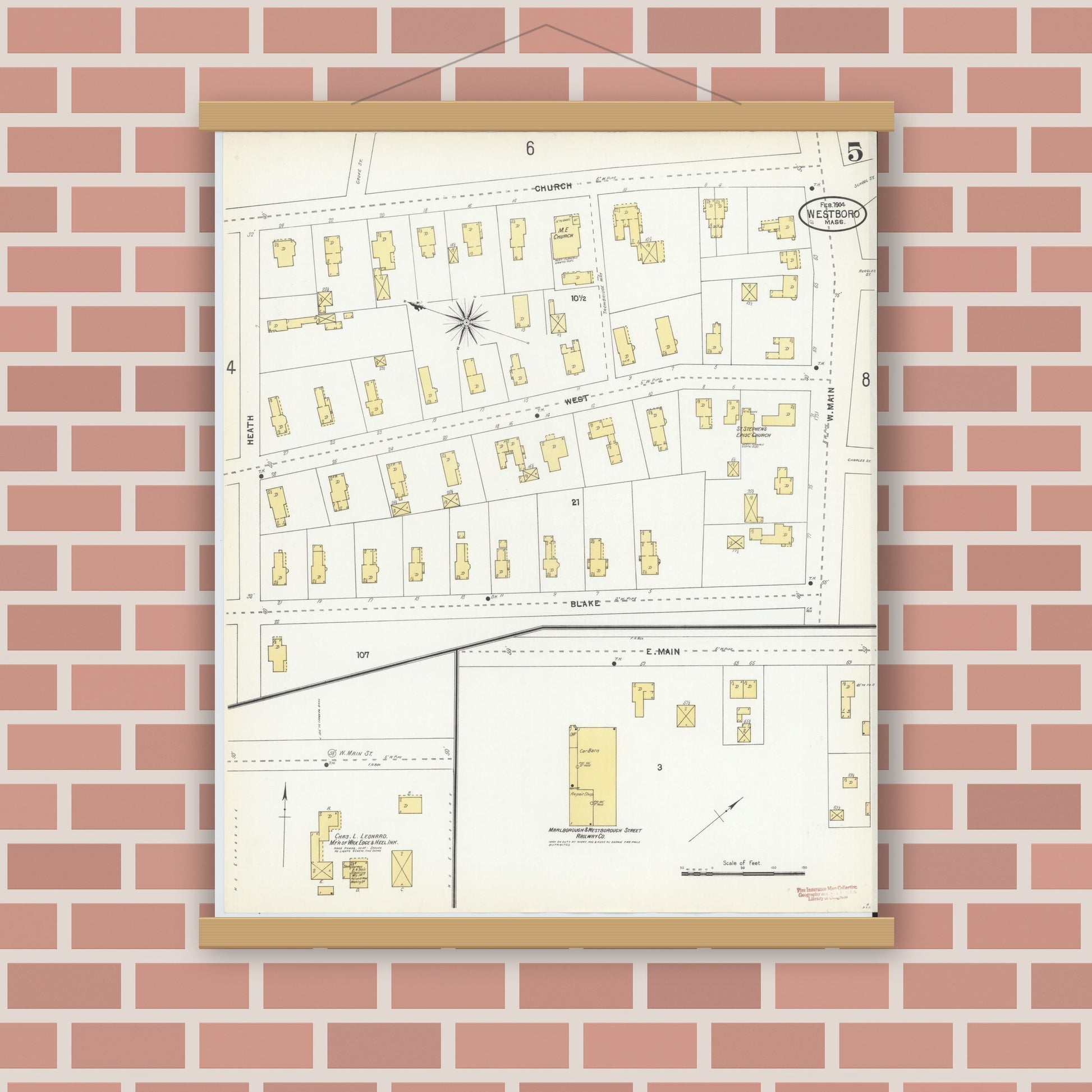 Old map wall art mockup — magnetic wood frame on brick wall — Sanborn Fire Insurance Map from Westboro, Worcester County, Massachusetts (1904), Sheet #0005