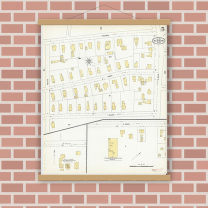 Old map wall art mockup — magnetic wood frame on brick wall — Sanborn Fire Insurance Map from Westboro, Worcester County, Massachusetts (1904), Sheet #0005