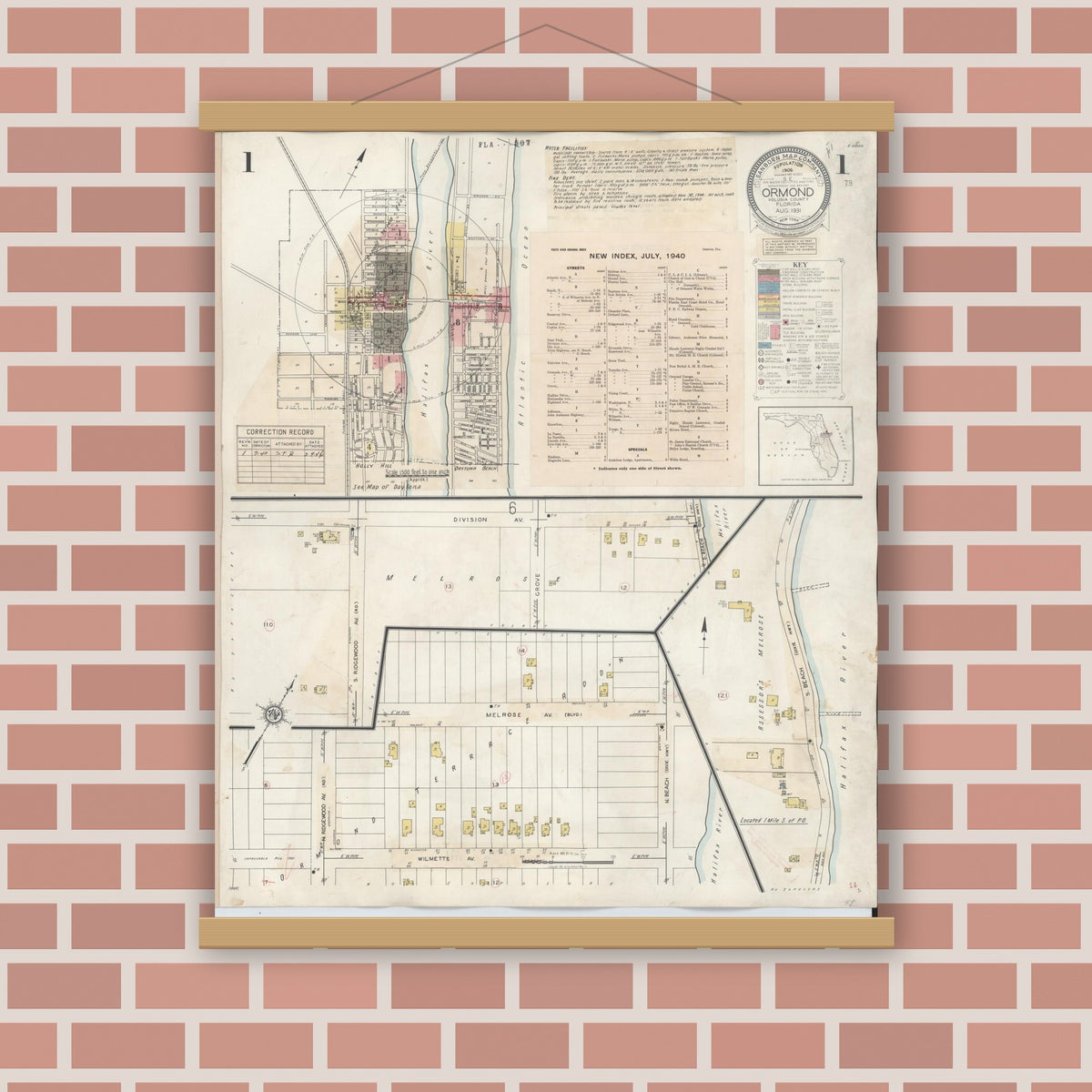 Old map wall art mockup — magnetic wood frame on brick wall — Sanborn Fire Insurance Map from Ormond, Volusia County, Florida (1931), Sheet #0001