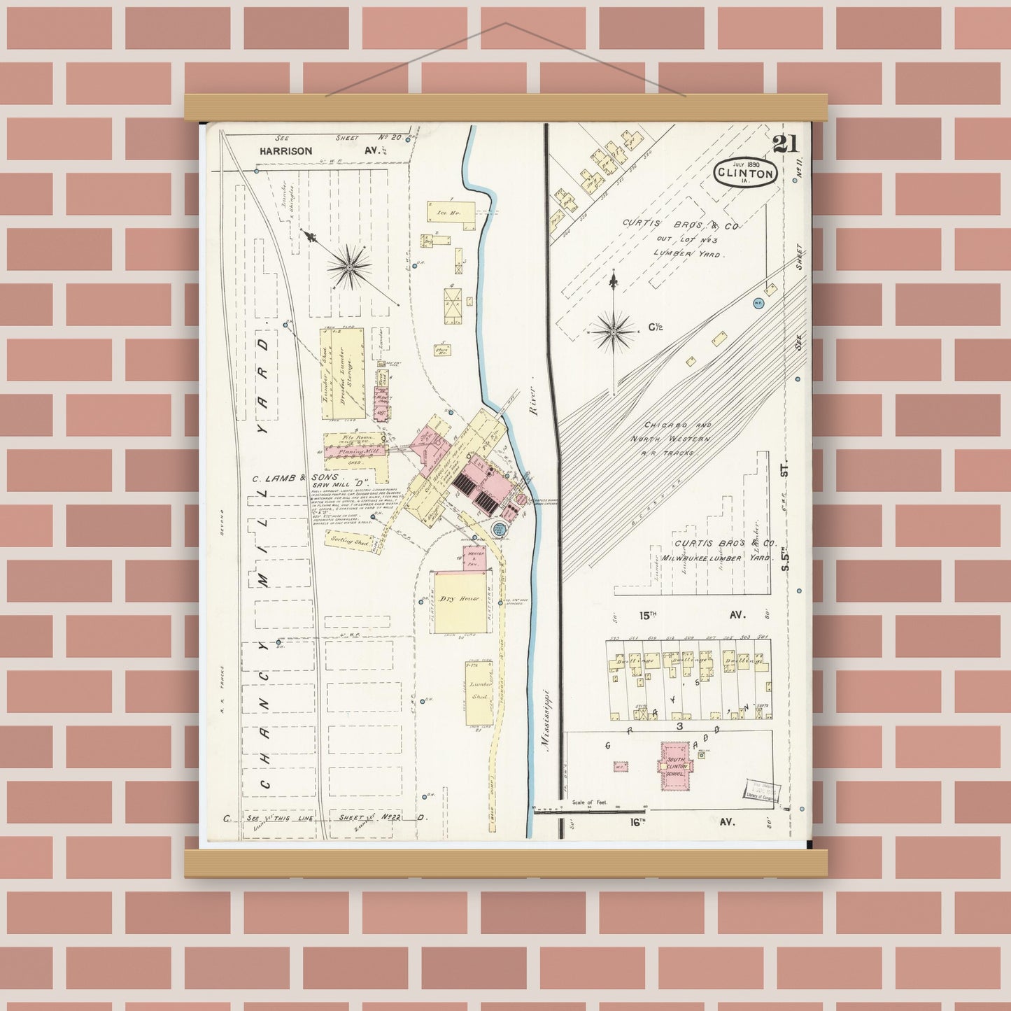 Old map wall art mockup — magnetic wood frame on brick wall — Sanborn Fire Insurance Map from Clinton, Clinton County, Iowa (1890), Sheet #0021