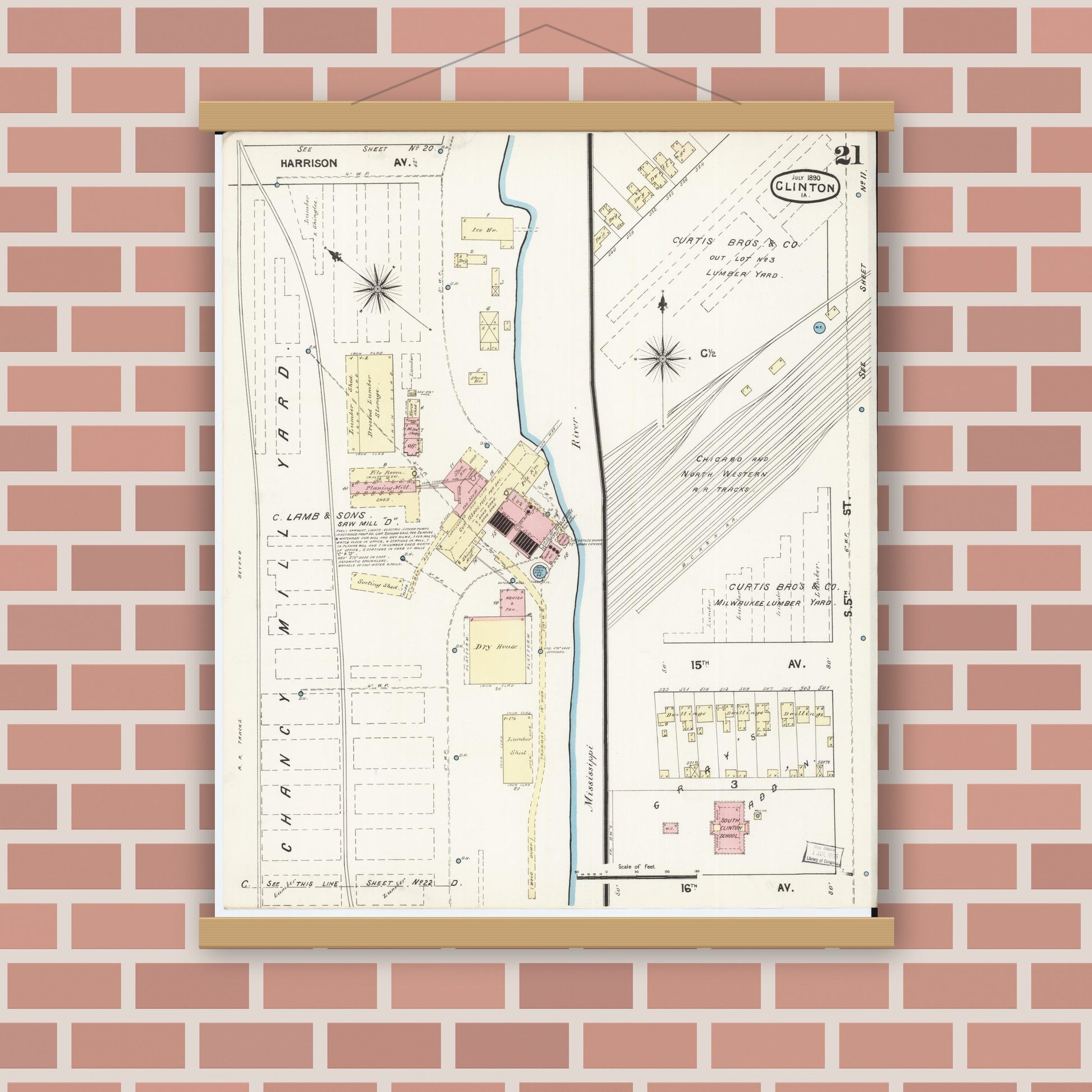 Old map wall art mockup — magnetic wood frame on brick wall — Sanborn Fire Insurance Map from Clinton, Clinton County, Iowa (1890), Sheet #0021