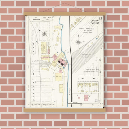 Old map wall art mockup — magnetic wood frame on brick wall — Sanborn Fire Insurance Map from Clinton, Clinton County, Iowa (1890), Sheet #0021
