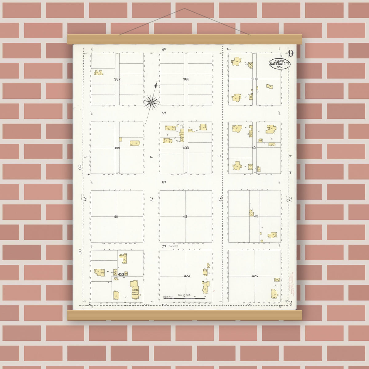 Old map wall art mockup — magnetic wood frame on brick wall — Sanborn Fire Insurance Map from National City, San Diego County, California (1907), Sheet #0009