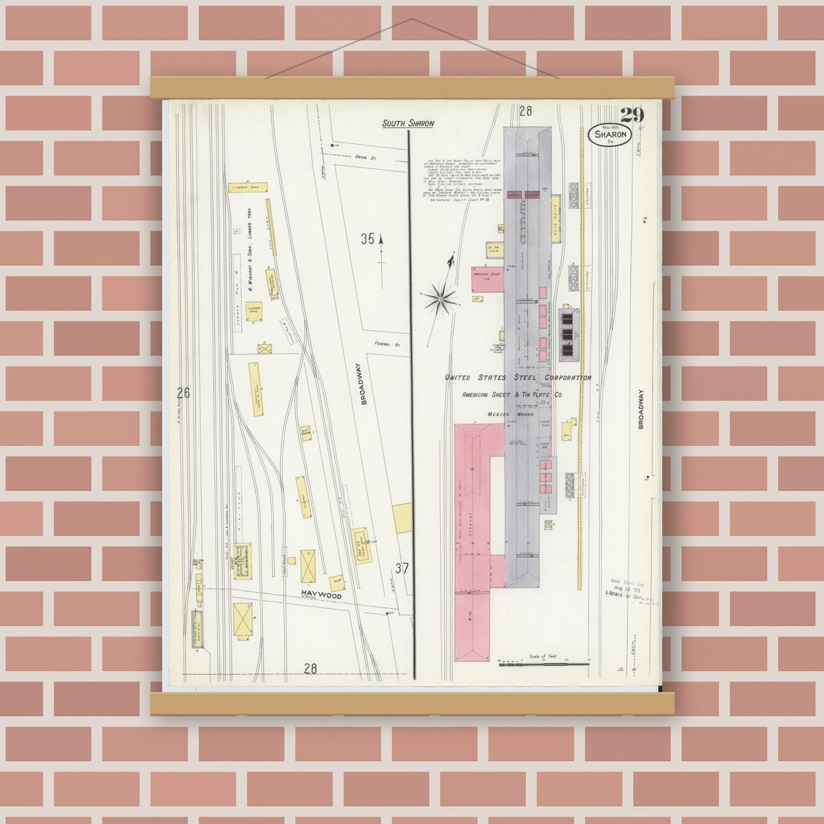 Old map wall art mockup — magnetic wood frame on brick wall — Sanborn Fire Insurance Map from Sharon, Mercer County, Pennsylvania (1908), Sheet #0029
