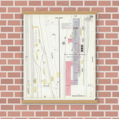 Old map wall art mockup — magnetic wood frame on brick wall — Sanborn Fire Insurance Map from Sharon, Mercer County, Pennsylvania (1908), Sheet #0029