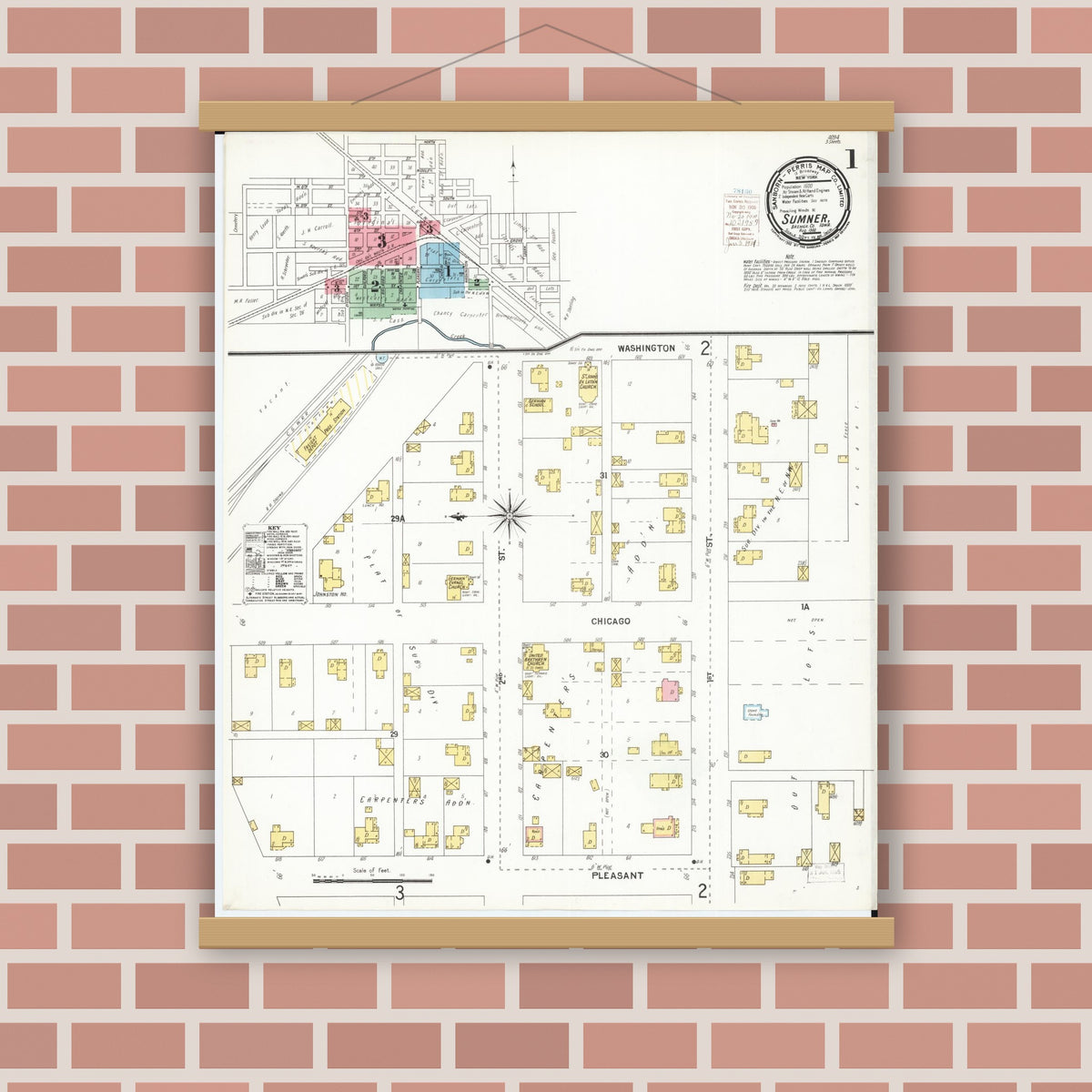 Old map wall art mockup — magnetic wood frame on brick wall — Sanborn Fire Insurance Map from Sumner, Bremer County, Iowa (1900) â€” Complete Set