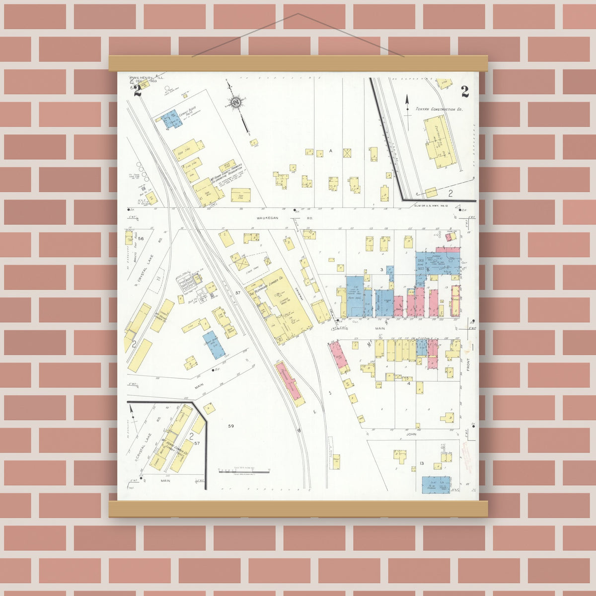Old map wall art mockup — magnetic wood frame on brick wall — Sanborn Fire Insurance Map from McHenry, McHenry County, Illinois (1933), Sheet #0002