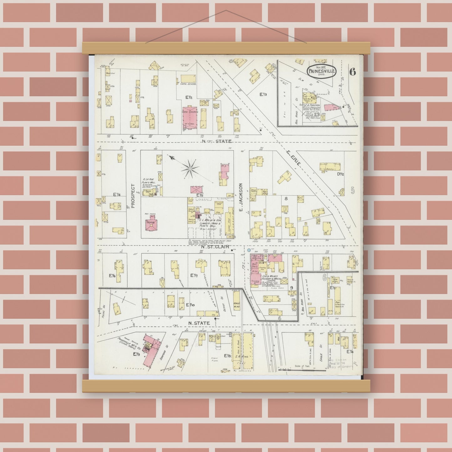 Old map wall art mockup — magnetic wood frame on brick wall — Sanborn Fire Insurance Map from Painesville, Lake County, Ohio (1892), Sheet #0006