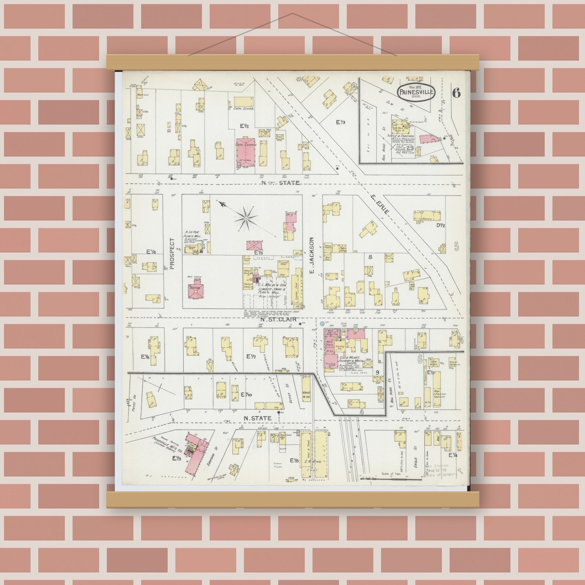 Old map wall art mockup — magnetic wood frame on brick wall — Sanborn Fire Insurance Map from Painesville, Lake County, Ohio (1892), Sheet #0006