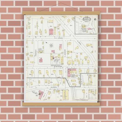 Old map wall art mockup — magnetic wood frame on brick wall — Sanborn Fire Insurance Map from Painesville, Lake County, Ohio (1892), Sheet #0006