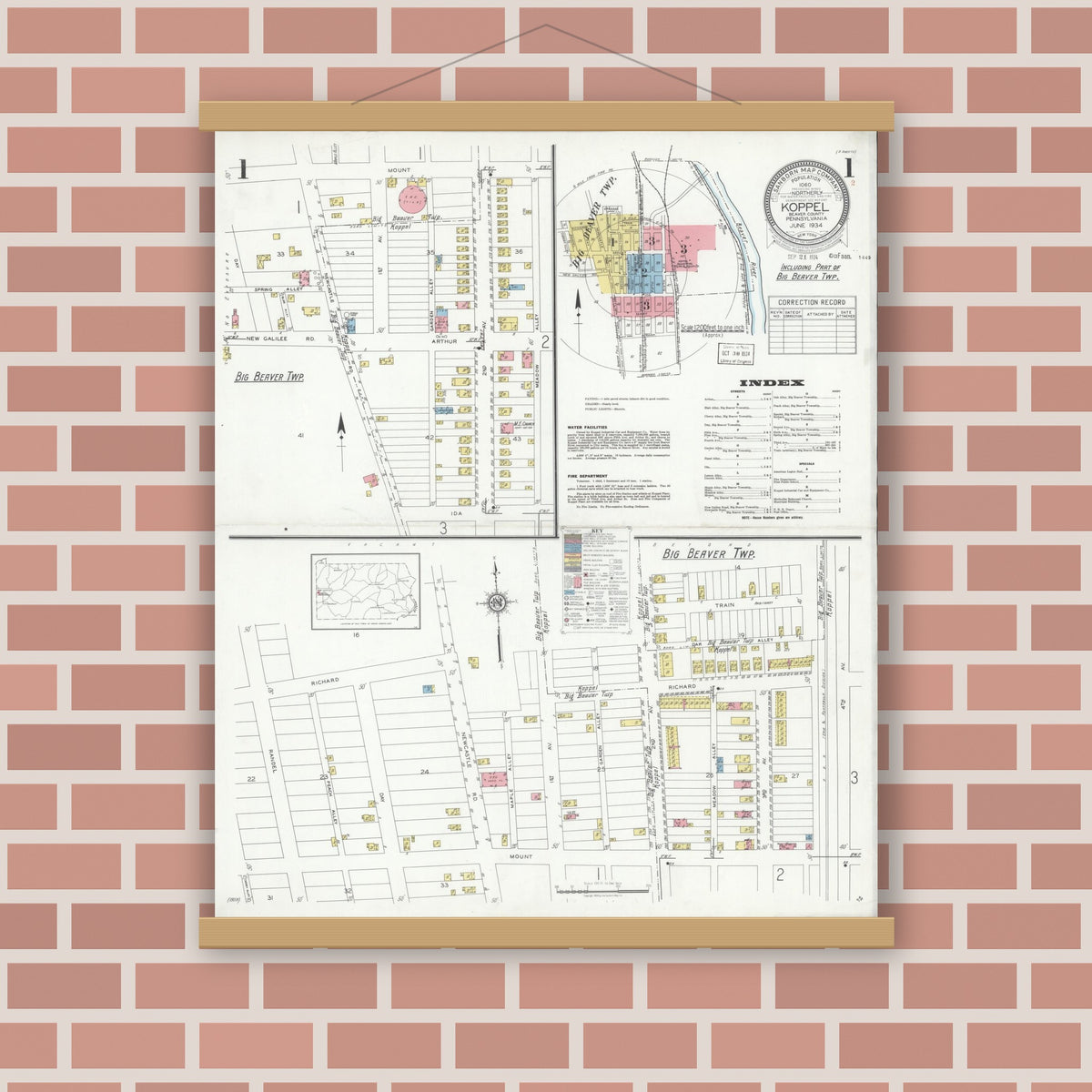 Old map wall art mockup — magnetic wood frame on brick wall — Sanborn Fire Insurance Map from Koppel, Beaver County, Pennsylvania (1934), Sheet #0001
