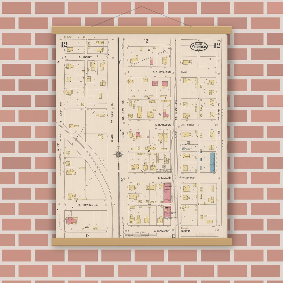 Old map wall art mockup — magnetic wood frame on brick wall — Sanborn Fire Insurance Map from Petersburg, Menard County, Illinois (1922), Sheet #0012