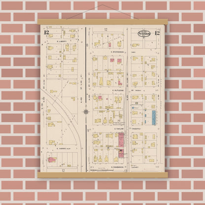 Old map wall art mockup — magnetic wood frame on brick wall — Sanborn Fire Insurance Map from Petersburg, Menard County, Illinois (1922), Sheet #0012