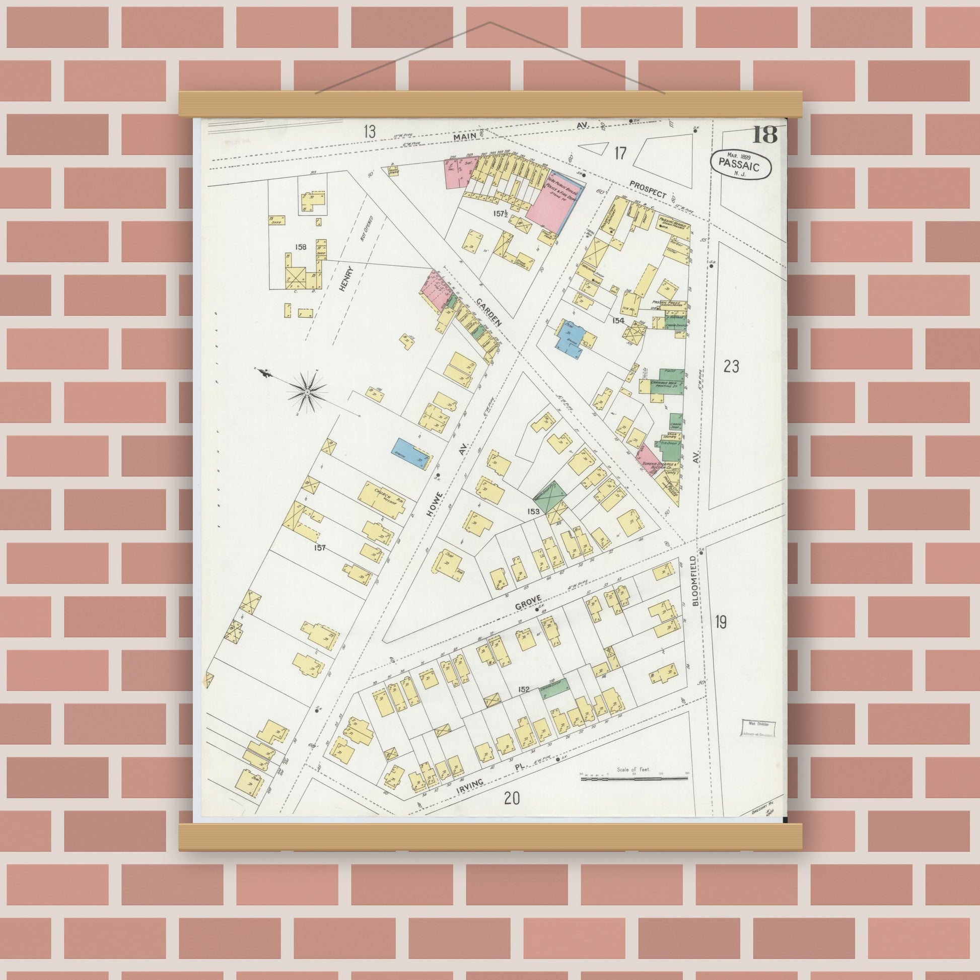 Old map wall art mockup — magnetic wood frame on brick wall — Sanborn Fire Insurance Map from Passaic, Passaic County, New Jersey (1899), Sheet #0018