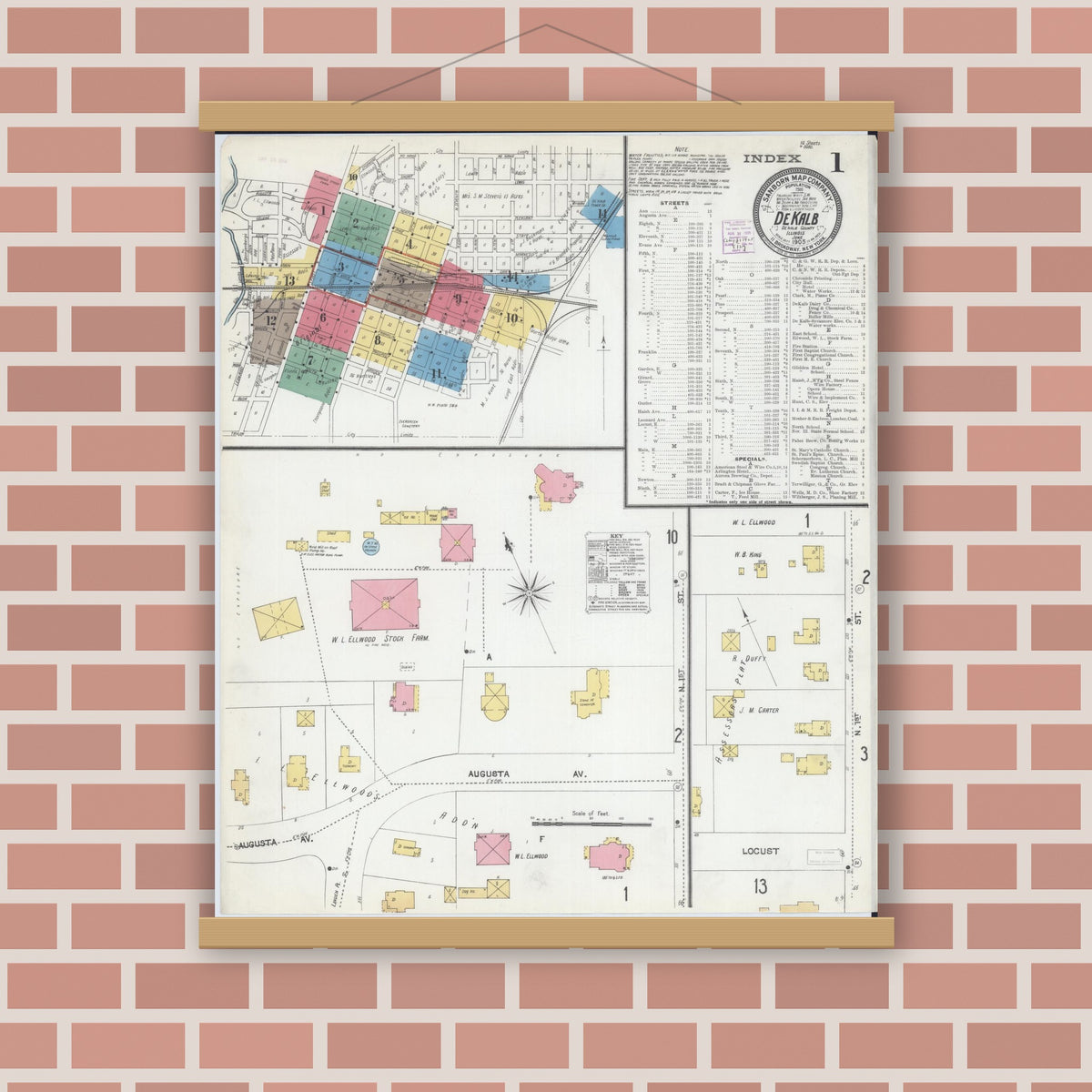 Old map wall art mockup — magnetic wood frame on brick wall — Sanborn Fire Insurance Map from De Kalb, De Kalb County, Illinois (1905), Sheet #0001