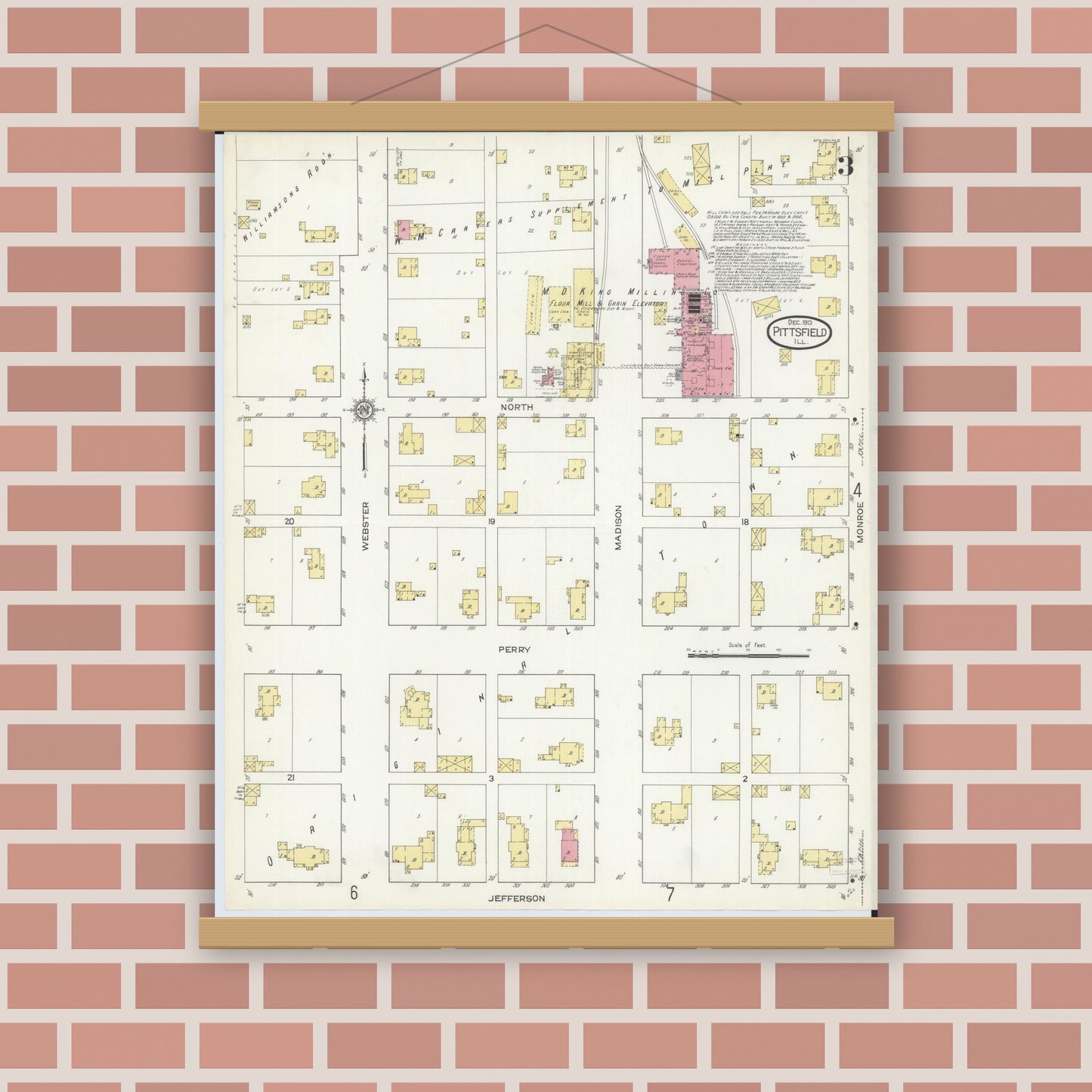 Old map wall art mockup — magnetic wood frame on brick wall — Sanborn Fire Insurance Map from Pittsfield, Pike County, Illinois (1913), Sheet #0003