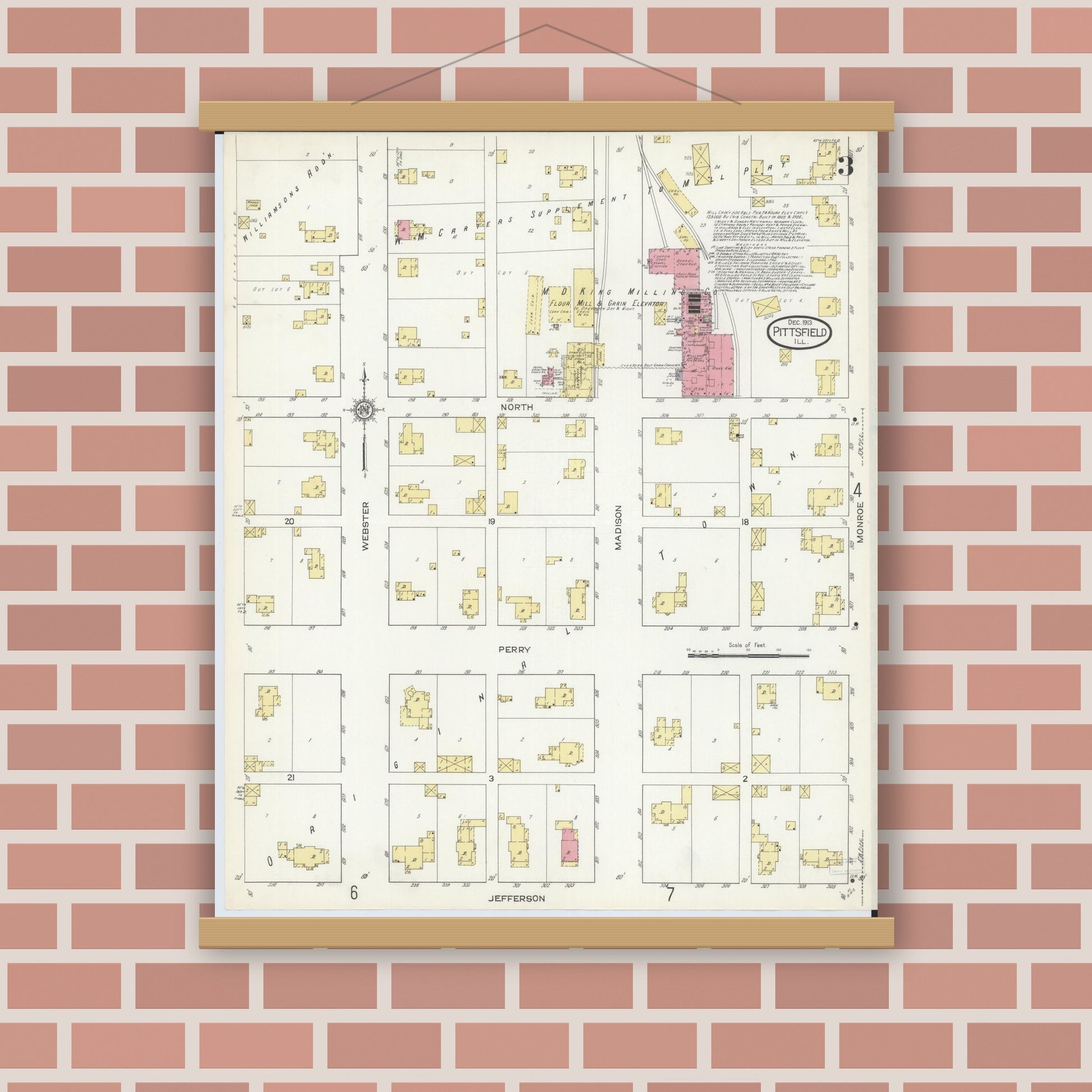 Old map wall art mockup — magnetic wood frame on brick wall — Sanborn Fire Insurance Map from Pittsfield, Pike County, Illinois (1913), Sheet #0003