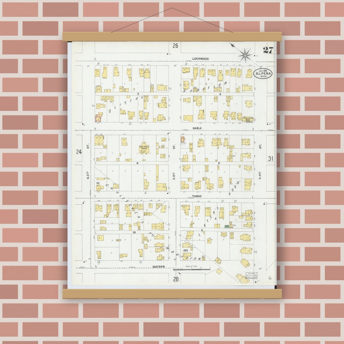 Old map wall art mockup — magnetic wood frame on brick wall — Sanborn Fire Insurance Map from Alpena, Alpena County, Michigan (1901), Sheet #0027