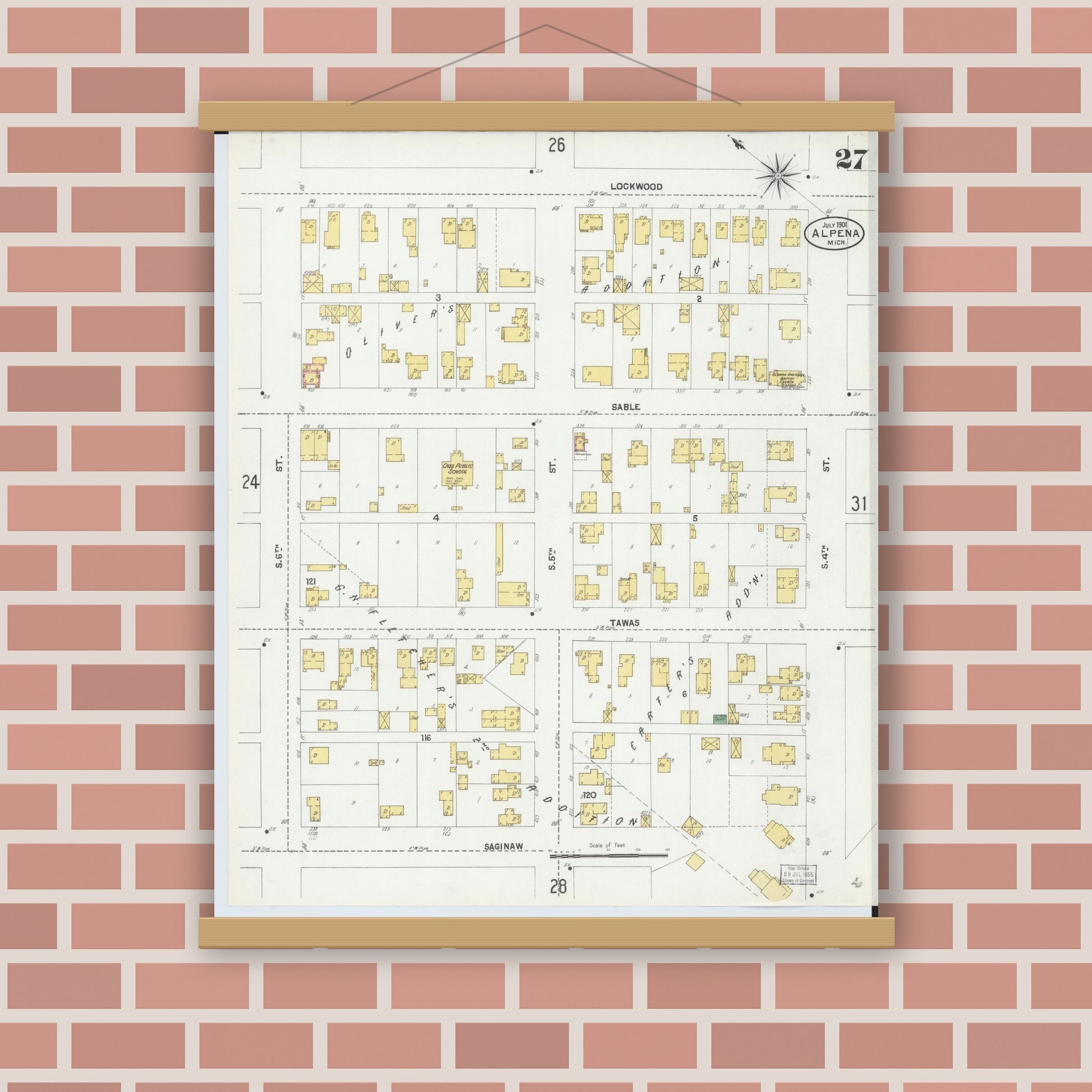 Old map wall art mockup — magnetic wood frame on brick wall — Sanborn Fire Insurance Map from Alpena, Alpena County, Michigan (1901), Sheet #0027