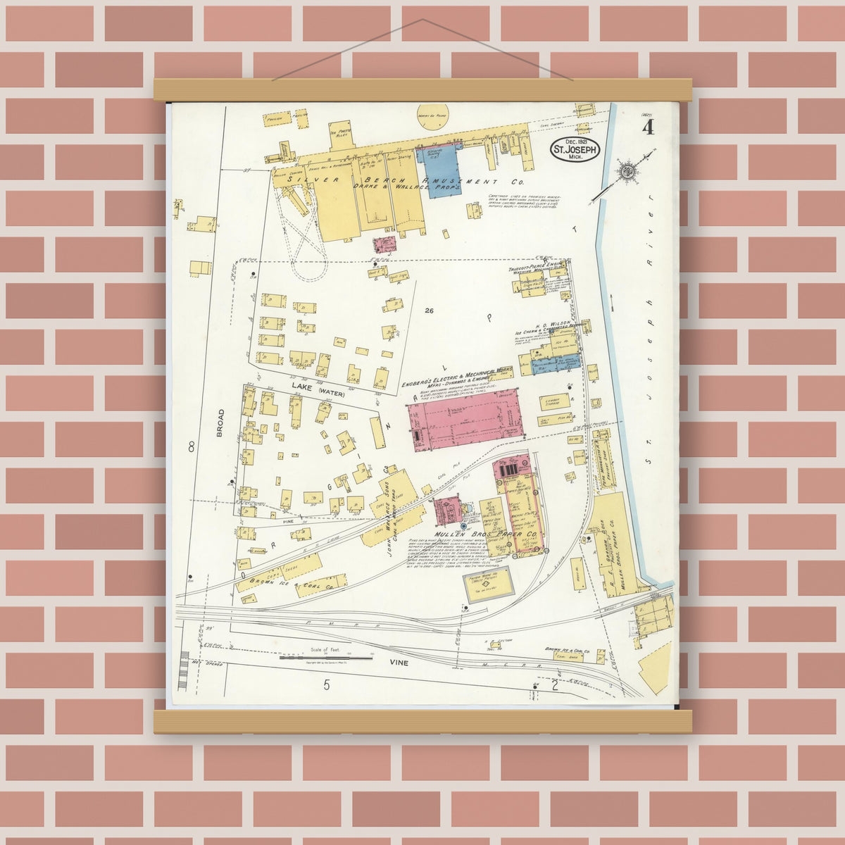Old map wall art mockup — magnetic wood frame on brick wall — Sanborn Fire Insurance Map from Saint Joseph, Berrien County, Michigan (1921), Sheet #0004