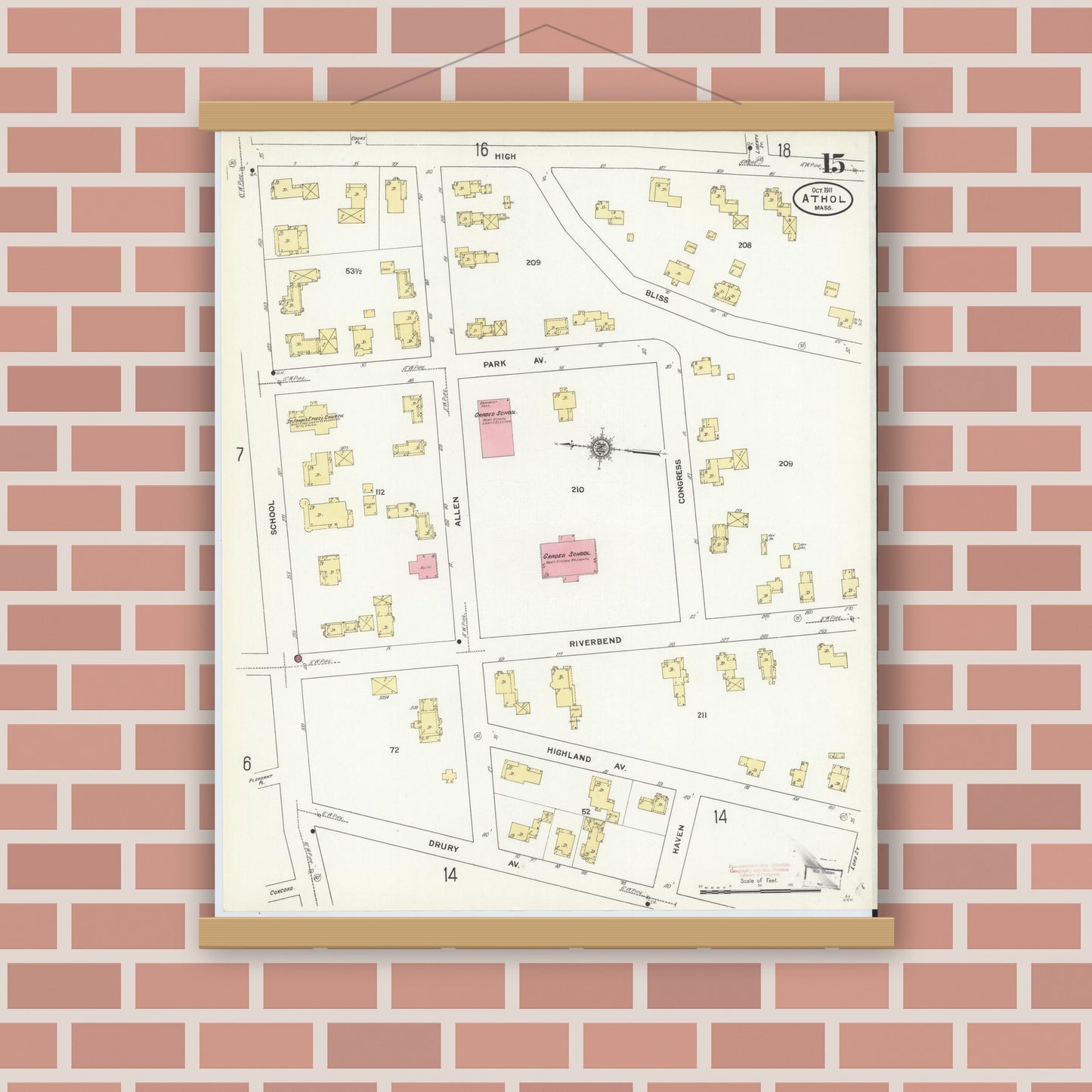 Old map wall art mockup — magnetic wood frame on brick wall — Sanborn Fire Insurance Map from Athol, Worcester County, Massachusetts (1911), Sheet #0015