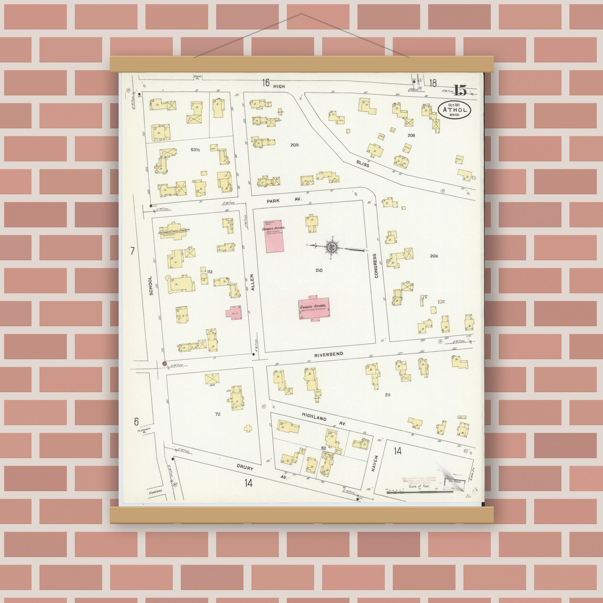 Old map wall art mockup — magnetic wood frame on brick wall — Sanborn Fire Insurance Map from Athol, Worcester County, Massachusetts (1911), Sheet #0015
