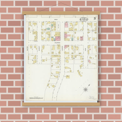 Old map wall art mockup — magnetic wood frame on brick wall — Sanborn Fire Insurance Map from Mount Sterling, Madison County, Ohio (1895), Sheet #0003