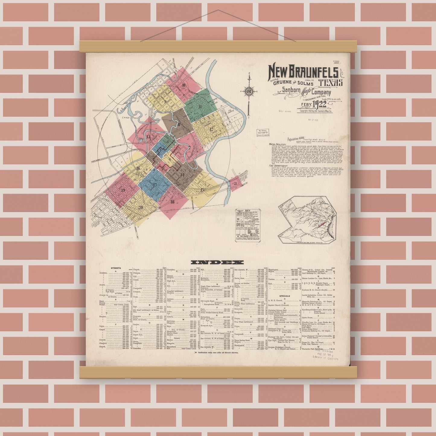 Old map wall art mockup — magnetic wood frame on brick wall — Sanborn Fire Insurance Map from New Braunfels, Comal County, Texas (1922), Sheet #0001