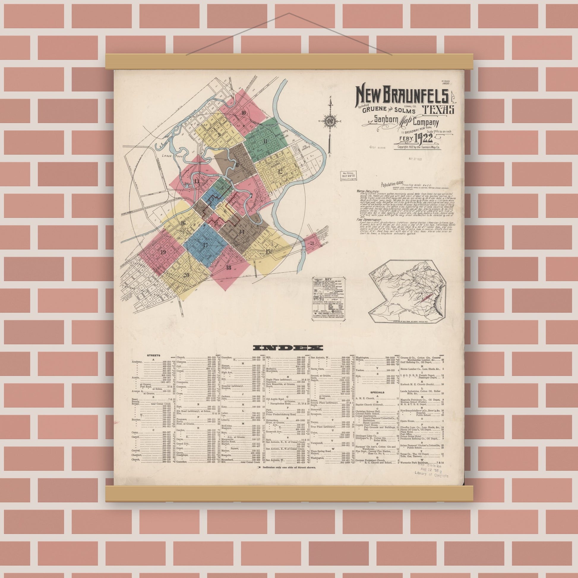 Old map wall art mockup — magnetic wood frame on brick wall — Sanborn Fire Insurance Map from New Braunfels, Comal County, Texas (1922), Sheet #0001