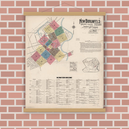 Old map wall art mockup — magnetic wood frame on brick wall — Sanborn Fire Insurance Map from New Braunfels, Comal County, Texas (1922), Sheet #0001