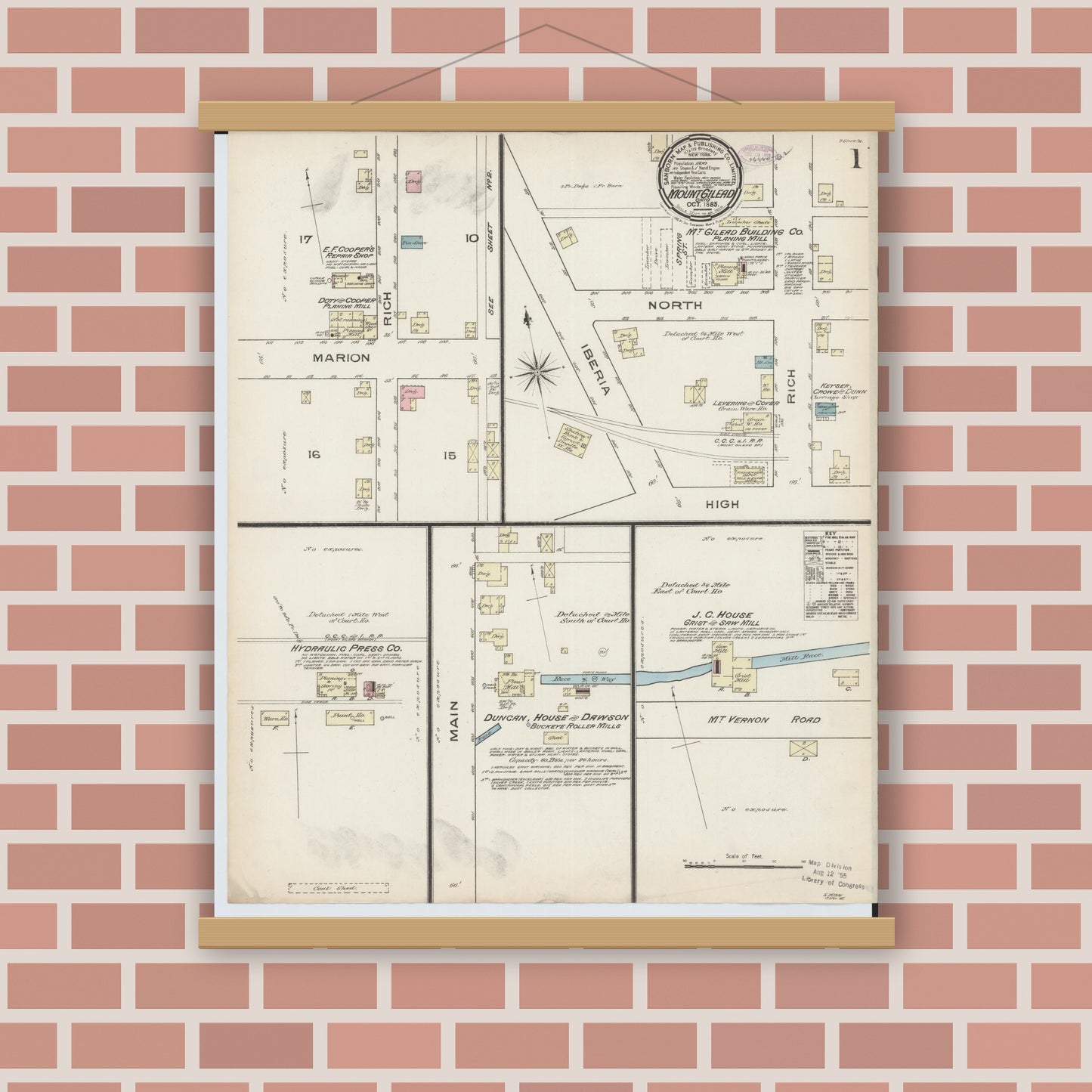Old map wall art mockup — magnetic wood frame on brick wall — Sanborn Fire Insurance Map from Mount Gilead, Morrow County, Ohio (1885), Sheet #0001