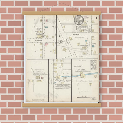 Old map wall art mockup — magnetic wood frame on brick wall — Sanborn Fire Insurance Map from Mount Gilead, Morrow County, Ohio (1885), Sheet #0001