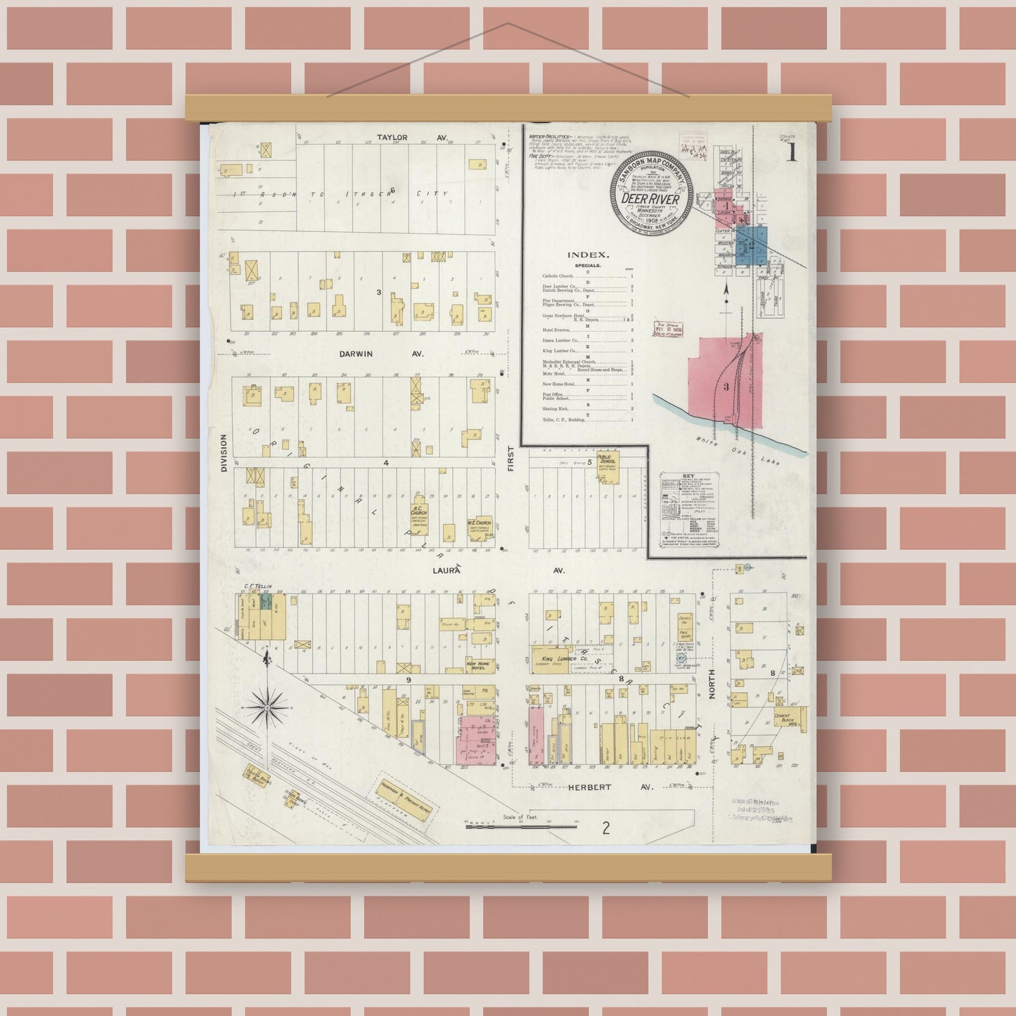 Old map wall art mockup — magnetic wood frame on brick wall — Sanborn Fire Insurance Map from Deer River, Itasca County, Minnesota (1908) - Complete Map Set