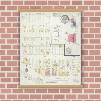 Old map wall art mockup — magnetic wood frame on brick wall — Sanborn Fire Insurance Map from Deer River, Itasca County, Minnesota (1908) - Complete Map Set