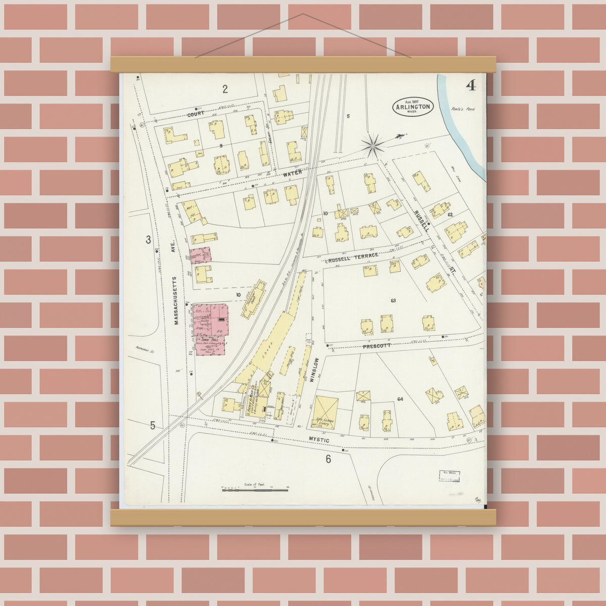 Old map wall art mockup — magnetic wood frame on brick wall — Sanborn Fire Insurance Map from Arlington, Middlesex County, Massachusetts (1897), Sheet #0004
