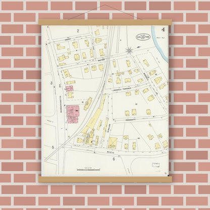 Old map wall art mockup — magnetic wood frame on brick wall — Sanborn Fire Insurance Map from Arlington, Middlesex County, Massachusetts (1897), Sheet #0004