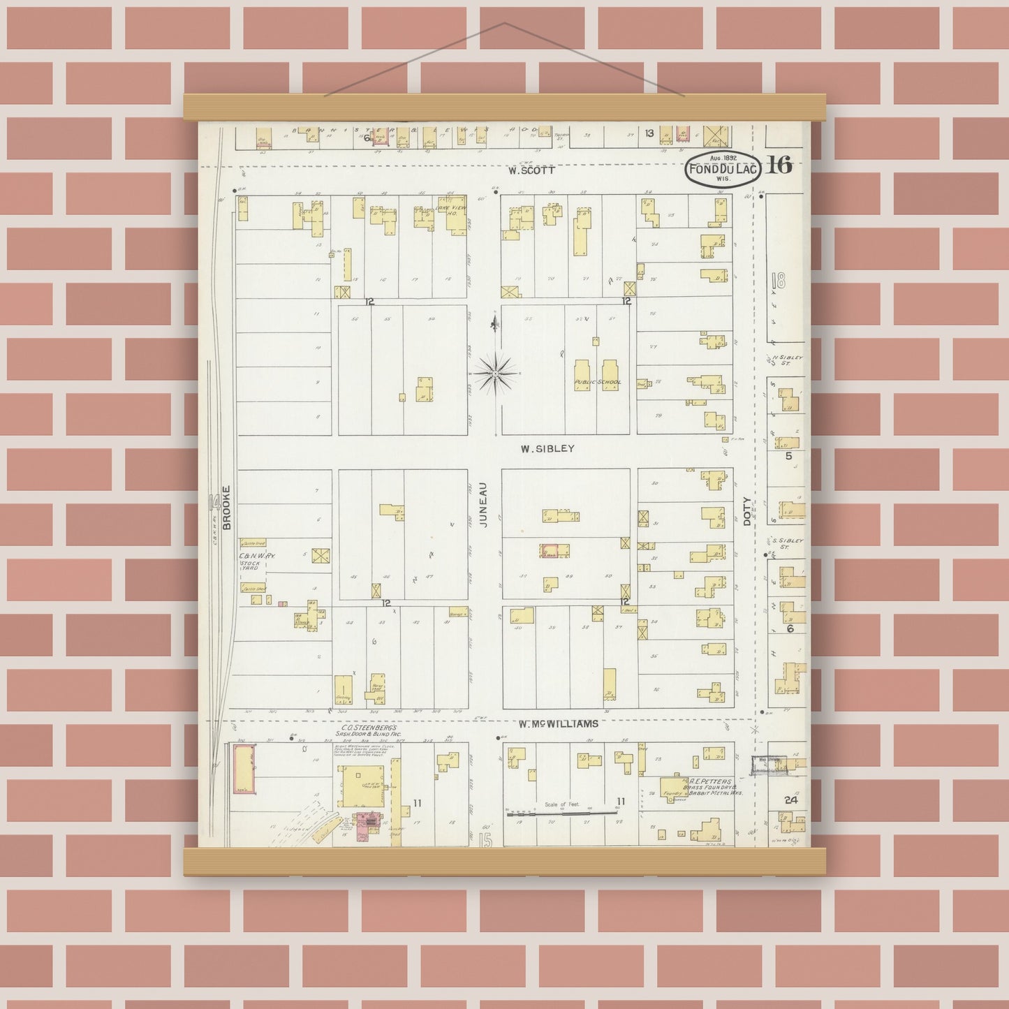 Old map wall art mockup — magnetic wood frame on brick wall — Sanborn Fire Insurance Map from Fond du Lac, Fond du Lac County, Wisconsin (1892), Sheet #0016