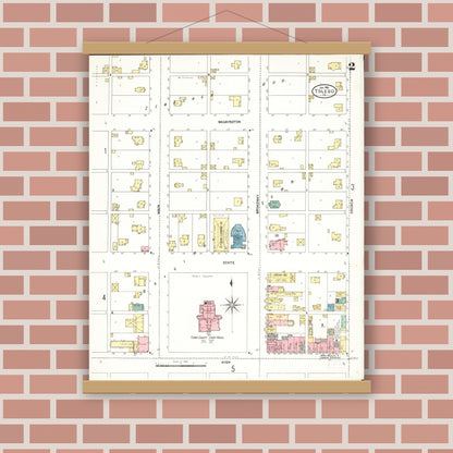 Old map wall art mockup — magnetic wood frame on brick wall — Sanborn Fire Insurance Map from Toledo, Tama County, Iowa (1906), Sheet #0002
