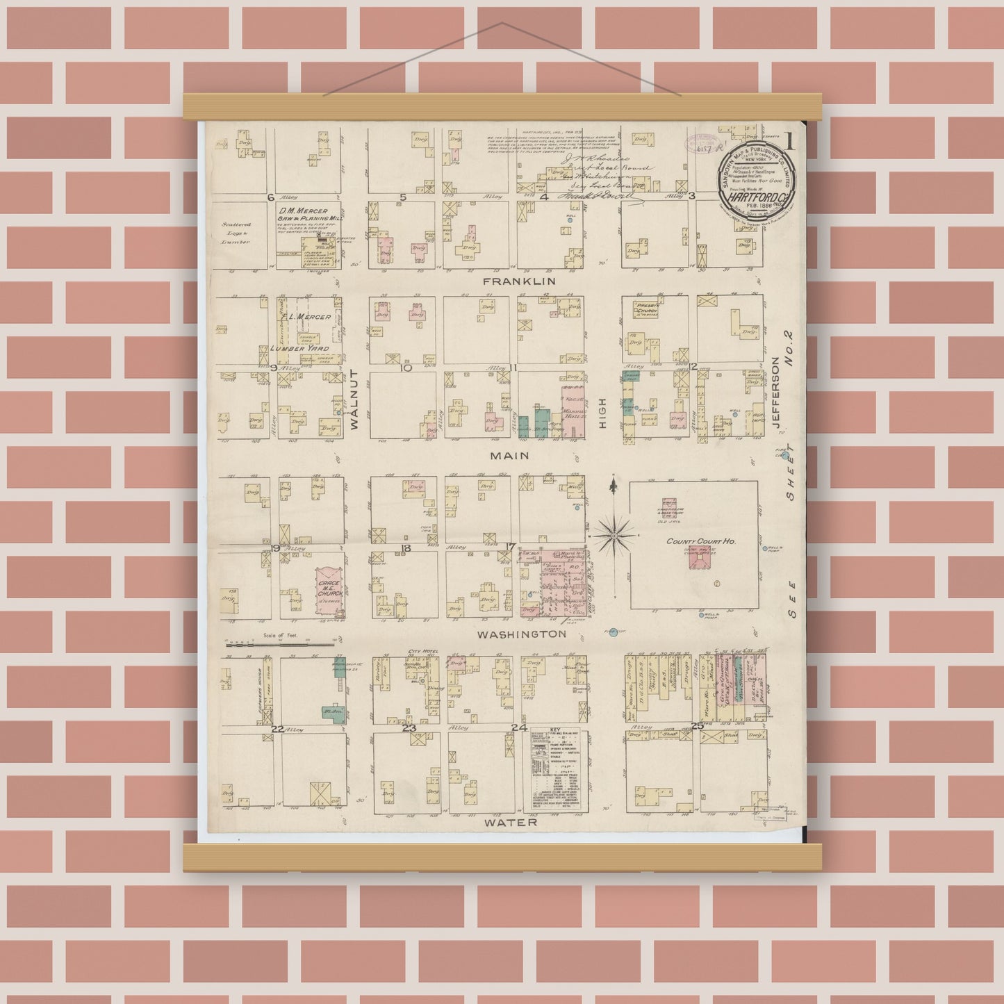 Old map wall art mockup — magnetic wood frame on brick wall — Sanborn Fire Insurance Map from Hartford City, Blackford County, Indiana (1886) - Complete Map Set