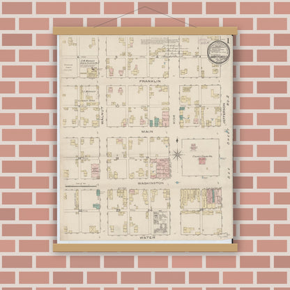 Old map wall art mockup — magnetic wood frame on brick wall — Sanborn Fire Insurance Map from Hartford City, Blackford County, Indiana (1886) - Complete Map Set