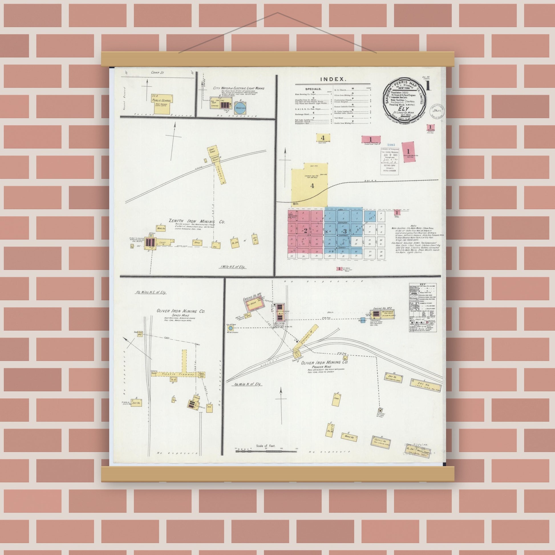 Old map wall art mockup — magnetic wood frame on brick wall — Sanborn Fire Insurance Map from Ely, Saint Louis County, Minnesota (1900) - Complete Map Set