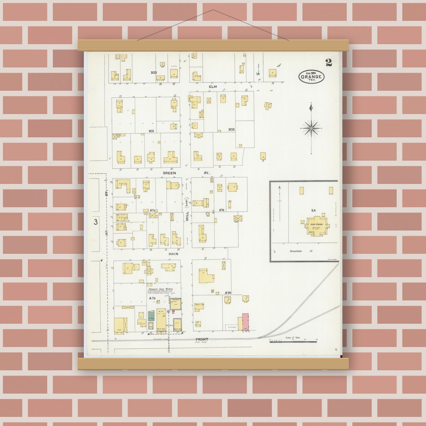 Old map wall art mockup — magnetic wood frame on brick wall — Sanborn Fire Insurance Map from Orange, Orange County, Texas (1904), Sheet #0002